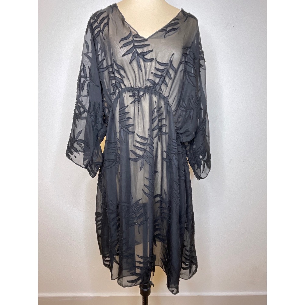 Women Cover Up Sheer Embroidered Leaf Kimono Dress One Size Black